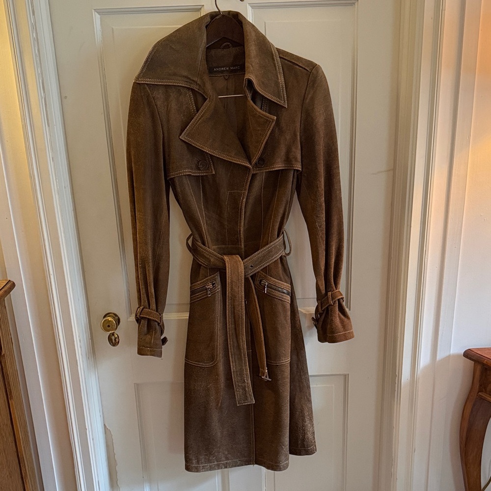 Andrew Marc Brown Leather Trench Coat